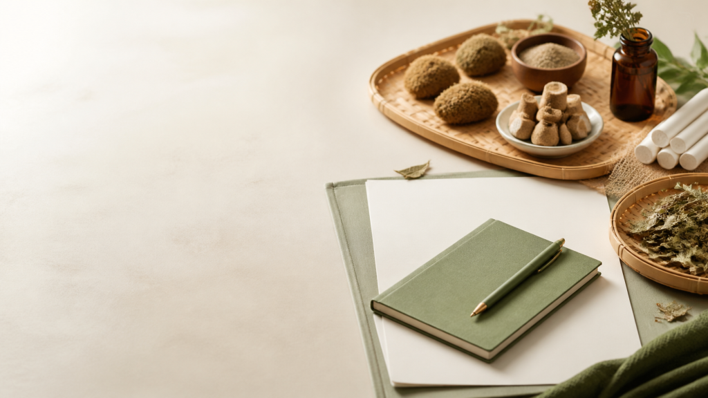 Natural herbal wellness samples arranged beside a blank wholesale inquiry workspace