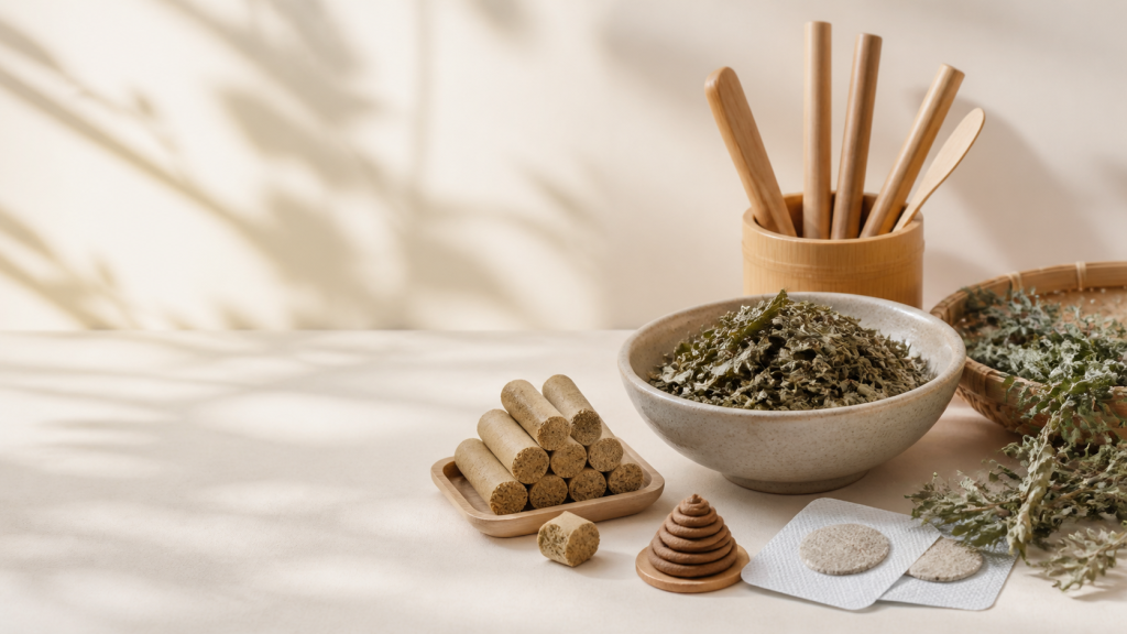 Moxa and mugwort materials arranged as a natural wellness product education still life
