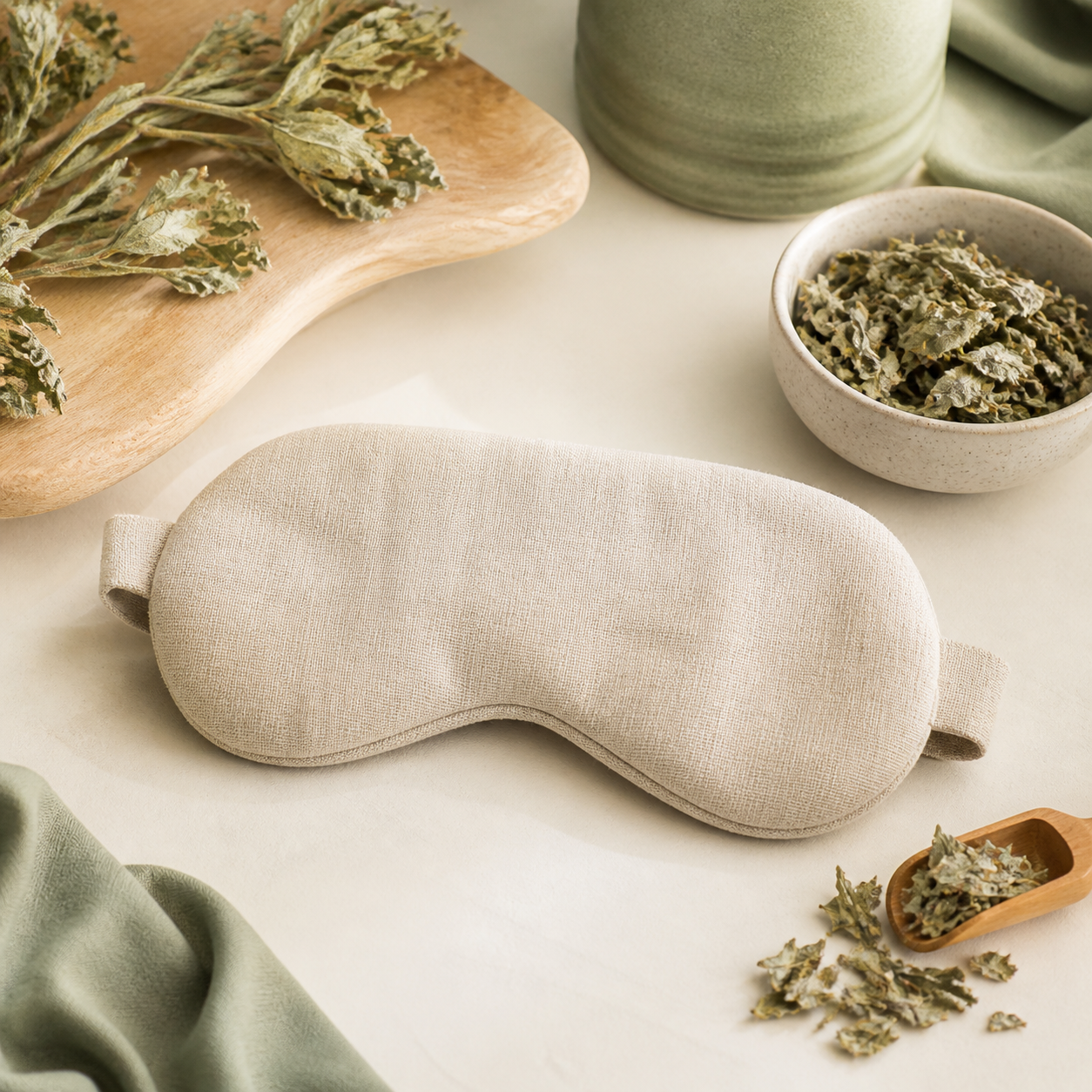 Unbranded herbal eye mask arranged with mugwort leaves and natural fabric