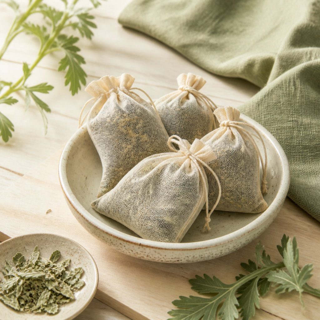 Unbranded herbal foot soak sachets arranged with dried mugwort