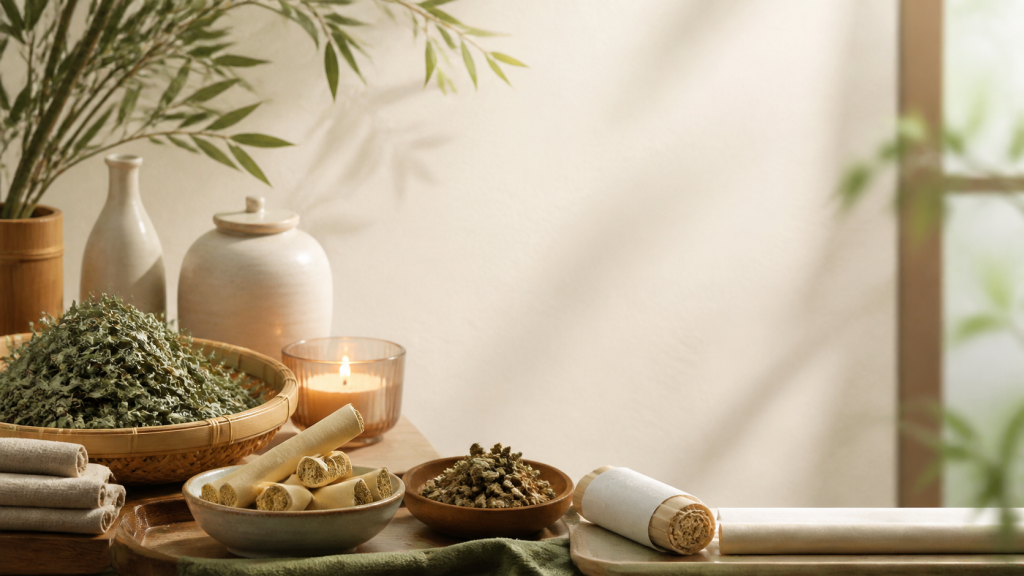 Natural mugwort and moxa materials arranged in a warm wellness setting