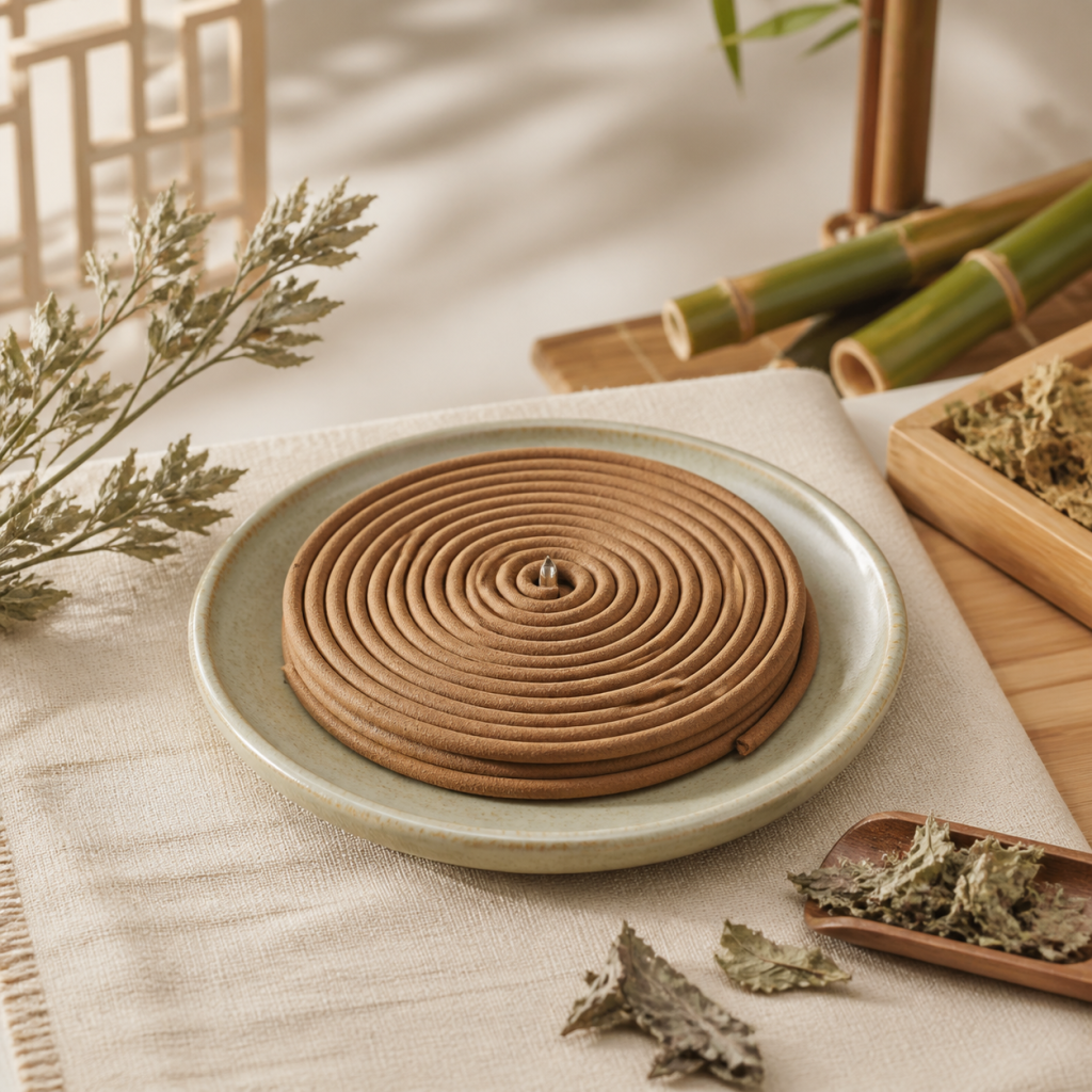 Unbranded moxa coil incense arranged on a ceramic incense plate