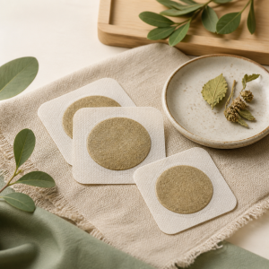 Unbranded herbal patch formats arranged with mugwort leaves and linen