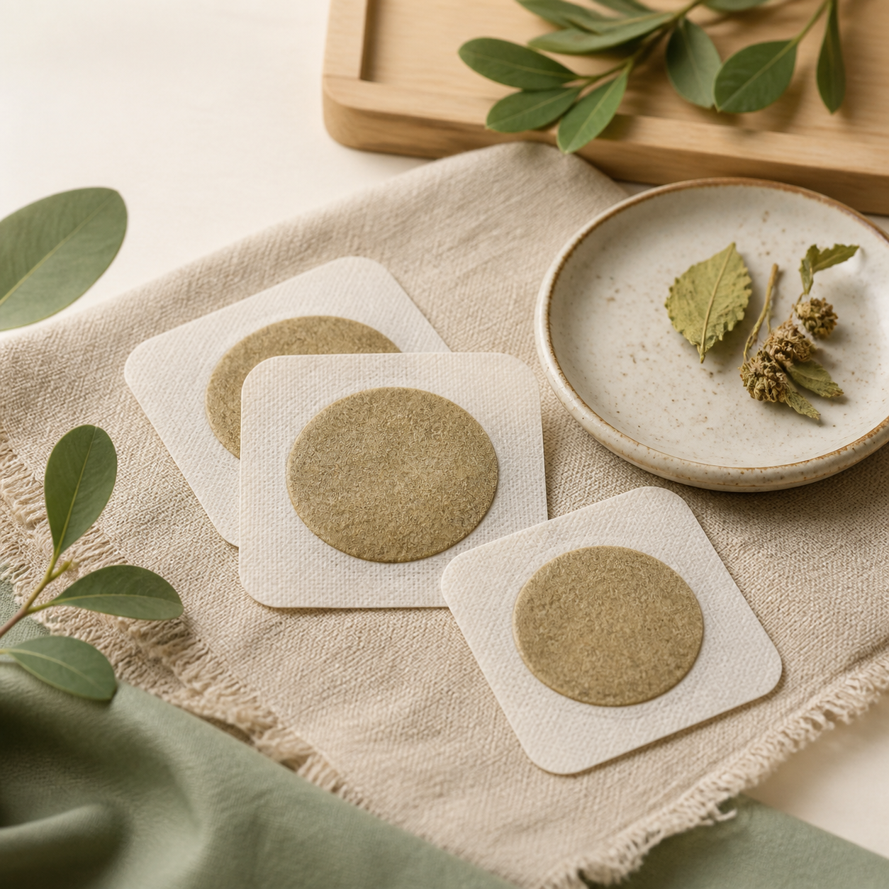 Unbranded herbal patch formats arranged with mugwort leaves and linen