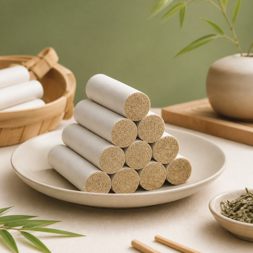Unbranded moxa rolls arranged on a ceramic plate