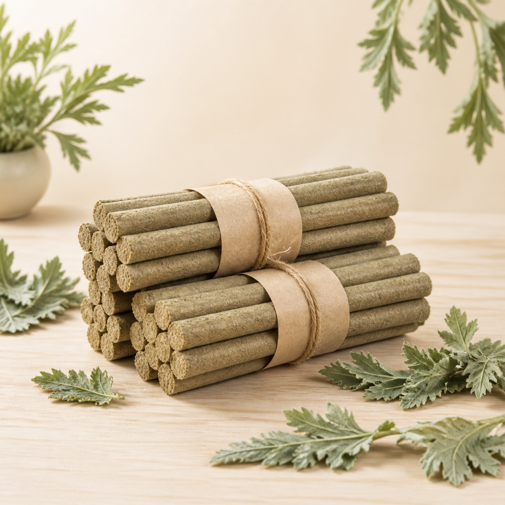 Unbranded natural moxa sticks arranged on a warm neutral background