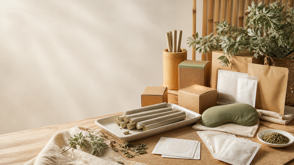 Unbranded herbal wellness products and blank packaging samples for private label planning