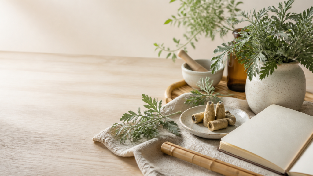 Mugwort, bamboo, linen and unbranded moxa formats arranged for wellness education