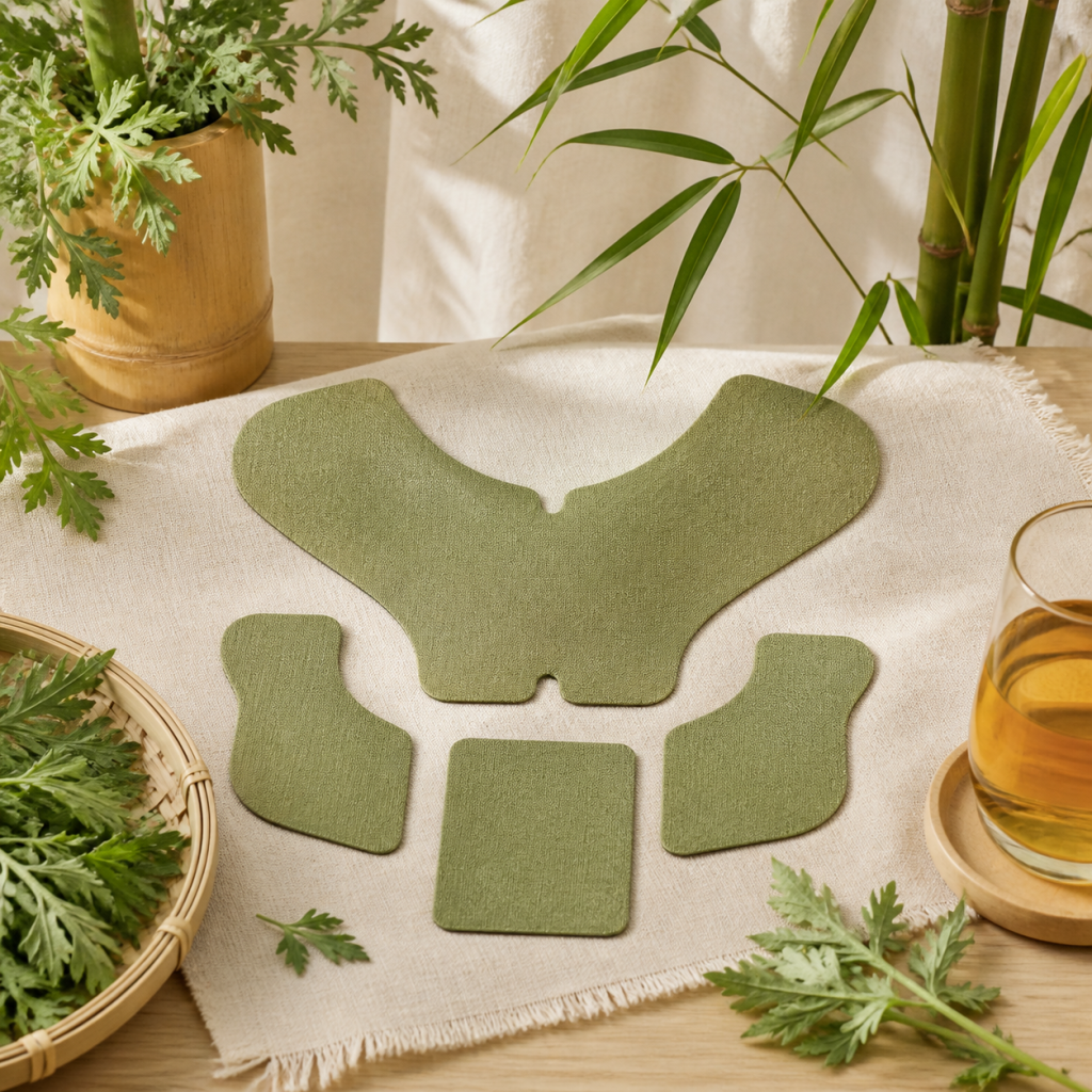 Unbranded shoulder and neck herbal patch formats arranged on linen