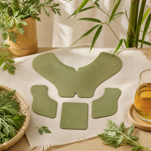 Unbranded shoulder and neck herbal patch formats arranged on linen
